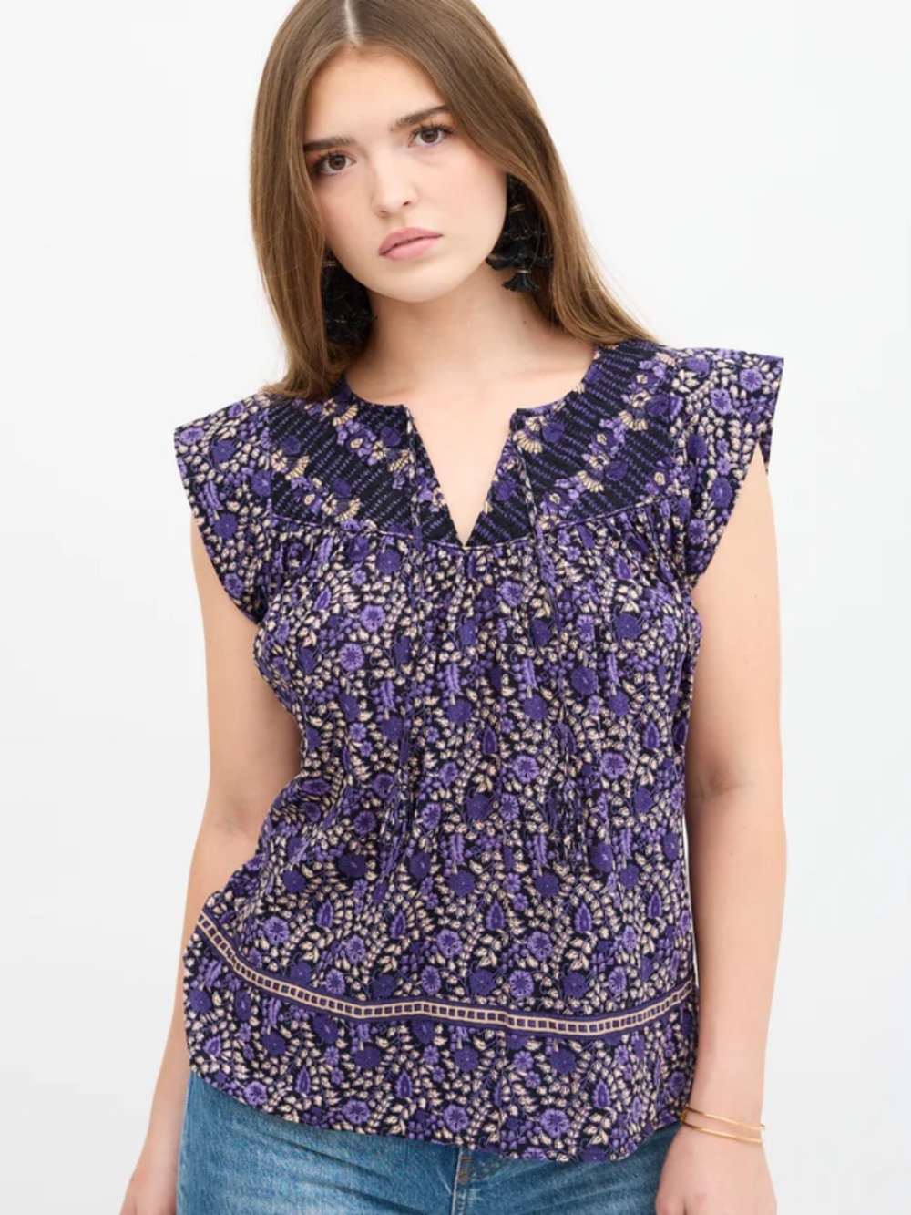 Ulla Johnson Floral Cap Sleeve Blouse, Purple Cotton, Size 4/Medium